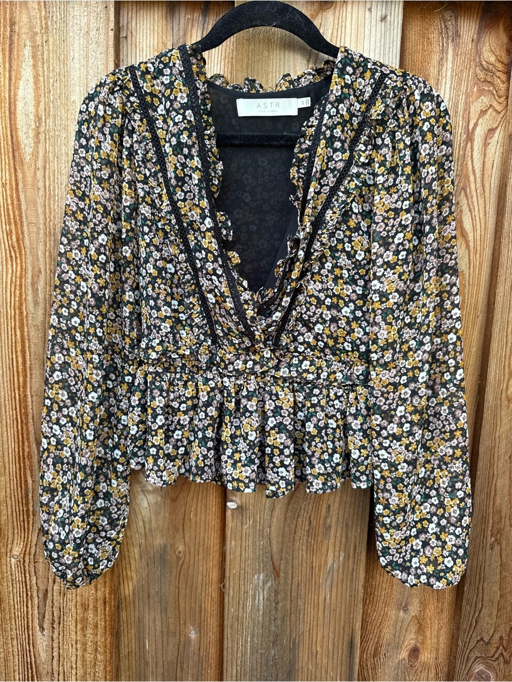 ASTR Black Floral V-Neck Peplum Blouse with Mustard Accents